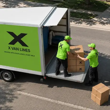 X Van Lines crew loading boxes into a moving truck