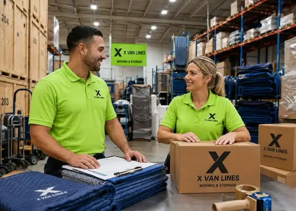 X Van Lines team in a moving warehouse